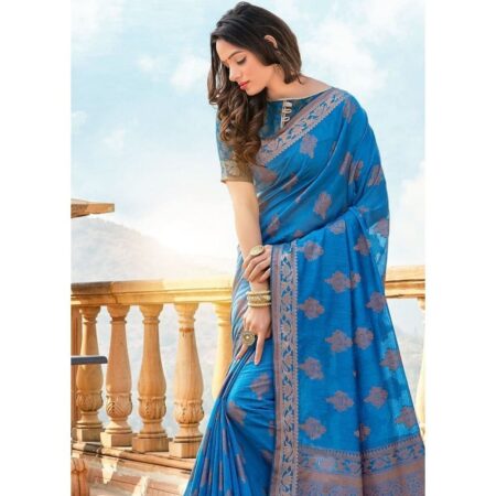 Blackmeant dark blue soft cotton silk weaving saree with zari work