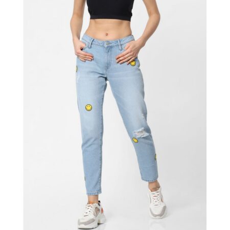 Blackmeant x smiley blue mid rise smiley print mom jeans