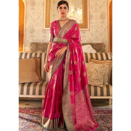 Blackmeant ruby pink woven banarasi tussar silk saree