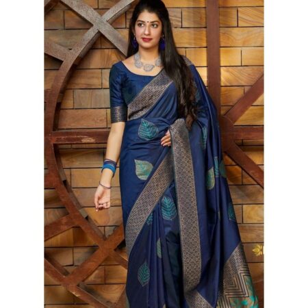 Blackmeant navy blue silk saree with zari border