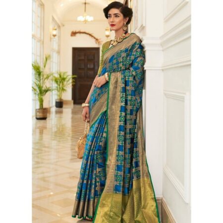 Blackmeant blue patola silk saree with golden border